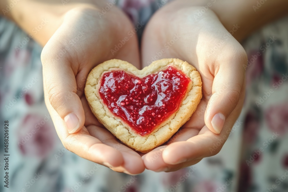 Heart-shaped cookie with red filling held in hands symbol of love and affection Heart-shaped cookie with red filling held in hands symbol of love and affection