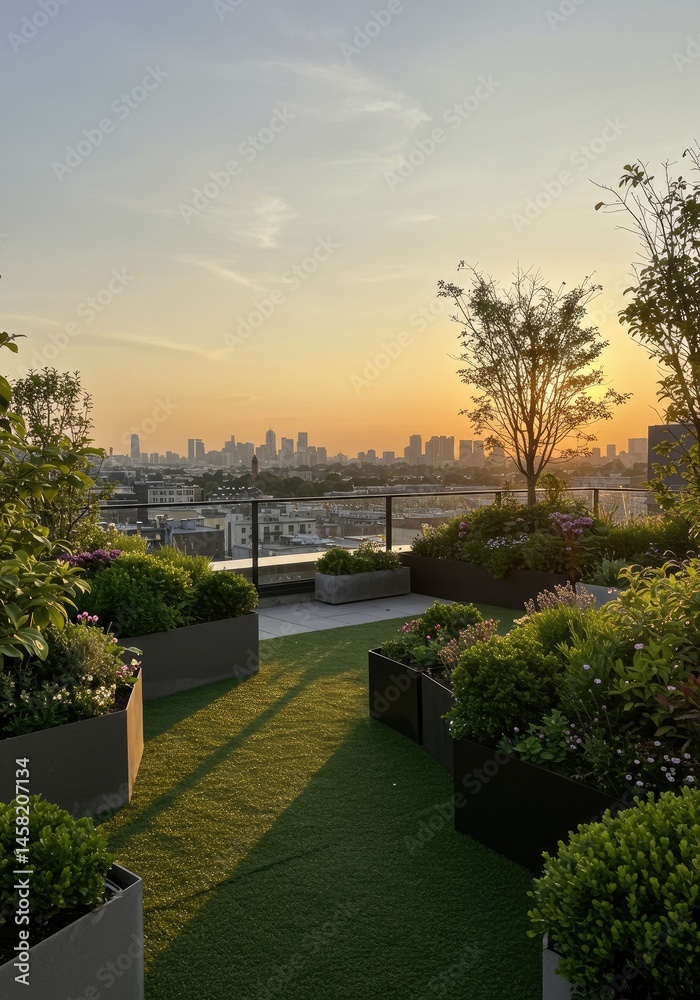 Obraz premium A city rooftop garden at sunset, with lights twinkling below.