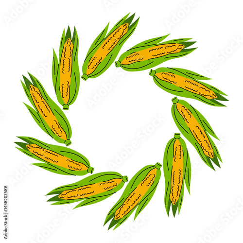 Round frame of corn cobs on a white background. Food illustration, healthy eating.
