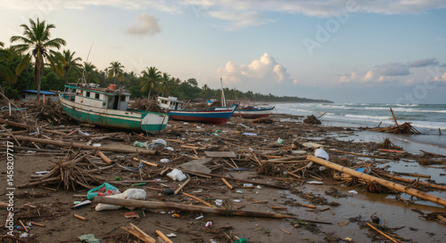 Beach covered in debris and damaged boats after storm. Coastal destruction highlighting environmental disaster impact. News report, climate change awareness, insurance claim