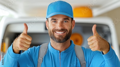A cheerful delivery man in blue uniform giving thumbs up, showcasing excellent service and professionalism.