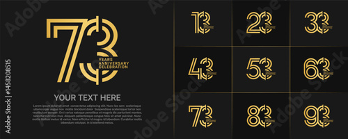 Anniversary logo type set with double line number. golden color for celebration event