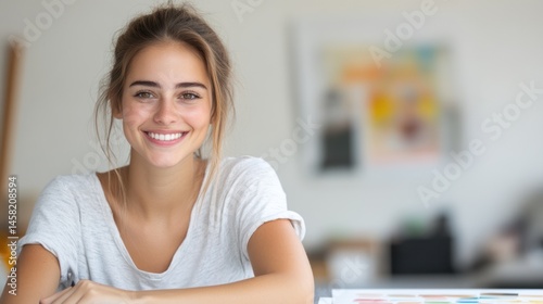 A cheerful young woman smiles warmly while sitting at a modern workspace filled with colorful art materials.