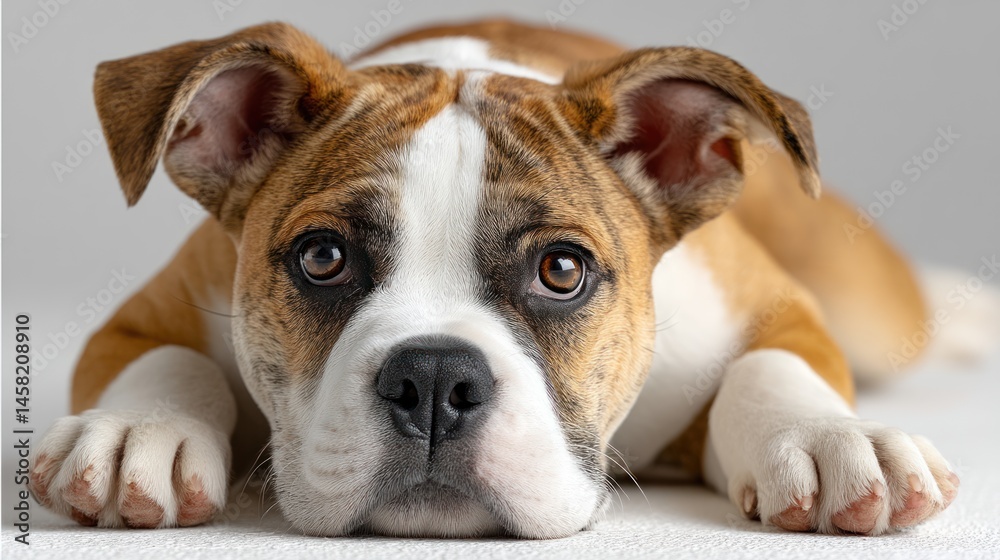 A close-up portrait of a playful dog resting on a soft surface, showcasing its expressive eyes and adorable features. A close-up portrait of a playful dog resting on a soft surface, showcasing its expressive eyes and adorable features.