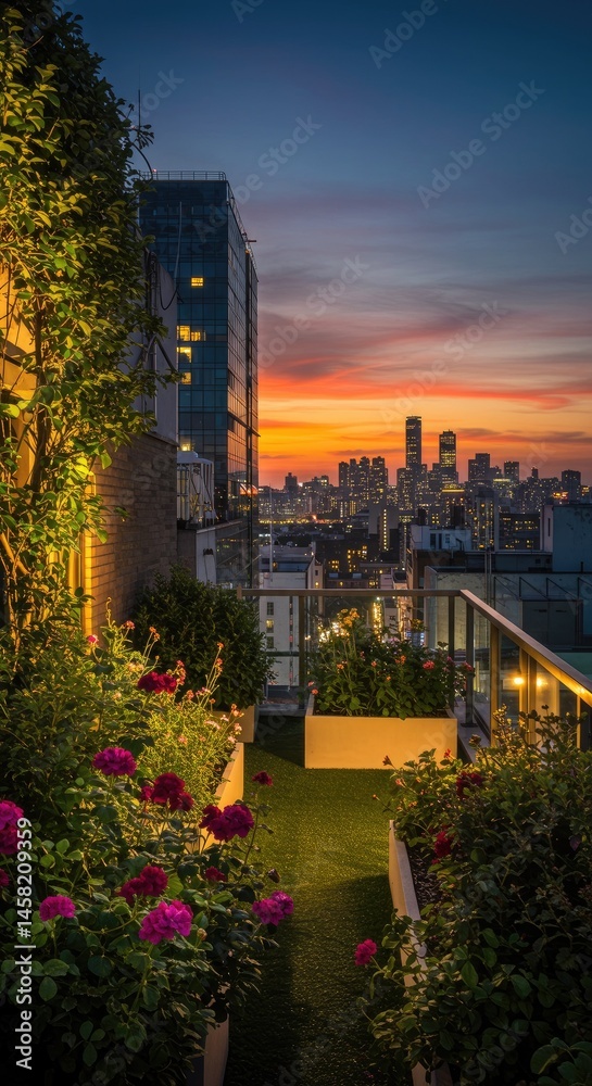 Obraz premium A city rooftop garden at sunset, with lights twinkling below.