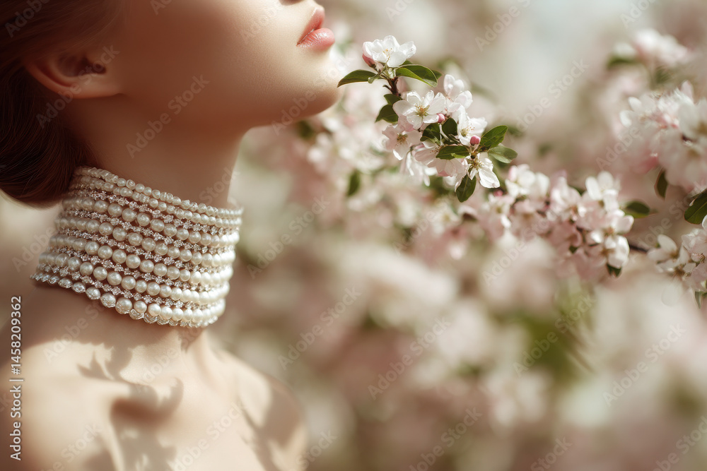 Naklejka premium serene spring scene featuring person wearing delicate light jewelry emphasizing single exquisite piece