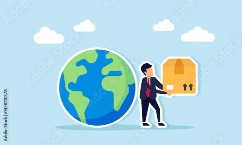 Businessman carrying package box beside globe illustrating international logistics business