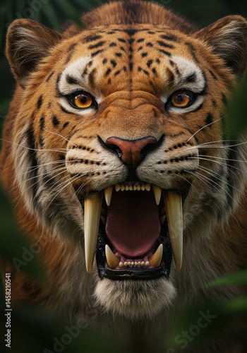 Close up portrait of a saber toothed cat showing its teeth