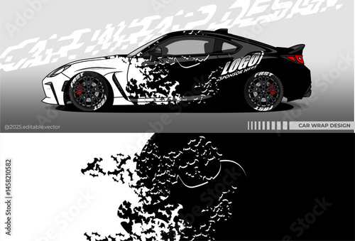Car wrap design vector with black white colour. Abstract decal livery. Sticker vinyl body car. Suitable for racing, drift, rally or daily use	