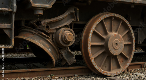 Close-up of rusty train wheels and axle mechanism on railway tracks showing metal deterioration. Historical transportation equipment for railway heritage preservation, industrial archaeology