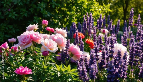 “A vibrant spring garden in full bloom filled with colorful roses in shades of pink, red and purple