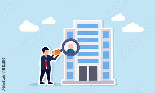Businessman using magnifying glass to examine candidate profile from company building illustrating executive recruitment process