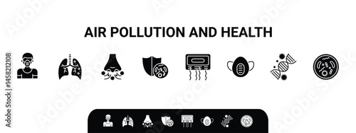 Air pollution and health icon set glyph. Includes face mask, lungs, air conditioner, air filter, bacteria, virus, damaged DNA and respiratory protection. Perfect for environmental and health designs.