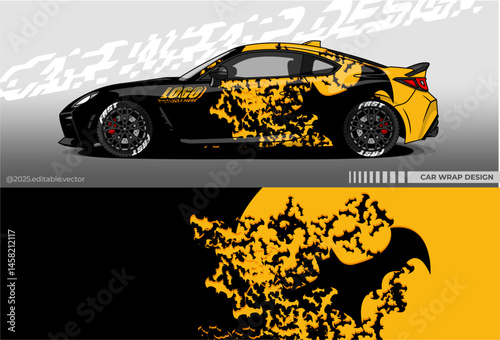 Car wrap design vector with black yellow colour. Abstract decal livery. Sticker vinyl body car. Suitable for racing, drift, rally or daily use	