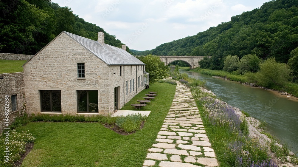 Fototapeta premium Stone house river valley bridge path landscaping