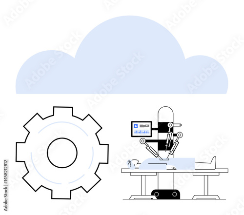 Surgeon robot operating on patient with precision tools, backed by cloud technology and gears. Ideal for healthcare, robotics, AI, automation, cloud computing, precision tools, simple landing page