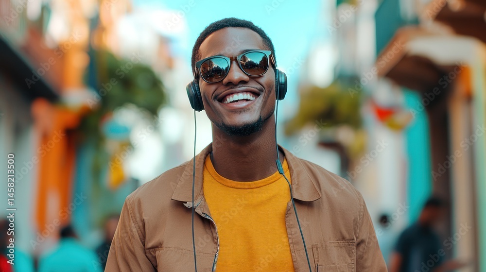 Fototapeta premium A joyful young man wearing headphones and sunglasses smiles while walking through a vibrant city street.
