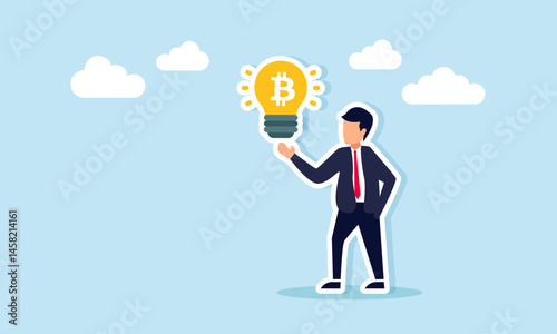 Businessman showing glowing bitcoin sign light illustrating presentation of business idea for bitcoin investment strategy