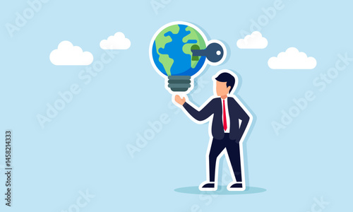 Businessman holding a light bulb with a globe and keyhole, illustration of key factors in realizing a global scale business idea
