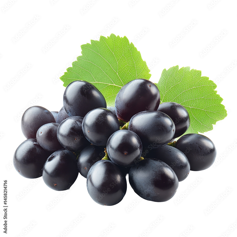 Fototapeta premium Fresh dark grapes with vibrant green leaves arranged on a clean transparent background for a natural and appealing display, dark grape fruits with leaves isolated on transparent background