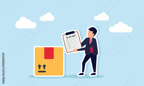 Businessman holding a to do list board beside a package box illustration of standard operating procedure in logistics business