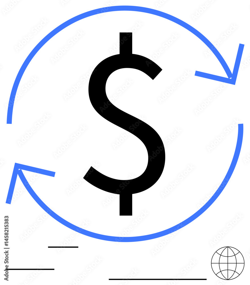 Dollar sign encircled by arrows, symbolizing continuous money flow, global trade, market cycles. Ideal for finance, trade, investment, economy sustainability innovation planning. Flat simple Dollar sign encircled by arrows, symbolizing continuous money flow, global trade, market cycles. Ideal for finance, trade, investment, economy sustainability innovation planning. Flat simple