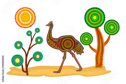 Landscape with ostrich in decorative ethnic style. Scenery with emu, tree and sun. Australia aboriginal traditional culture art style of dot. Aboriginal tribal art craft. Stock vector illustration