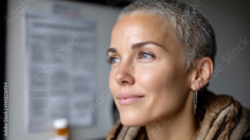 Free Download A thoughtful woman with short hair gazes thoughtfully into the distance, exuding calm and confidence in a cozy environment. - GFXLoad