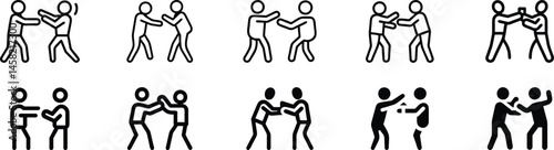 Boxing Sparring Icon — Two People Practicing Boxing or Wrestling in Line Style, Boxing sparring line icon. Trainer and boxer, wrestling icon, fighting two-person icon