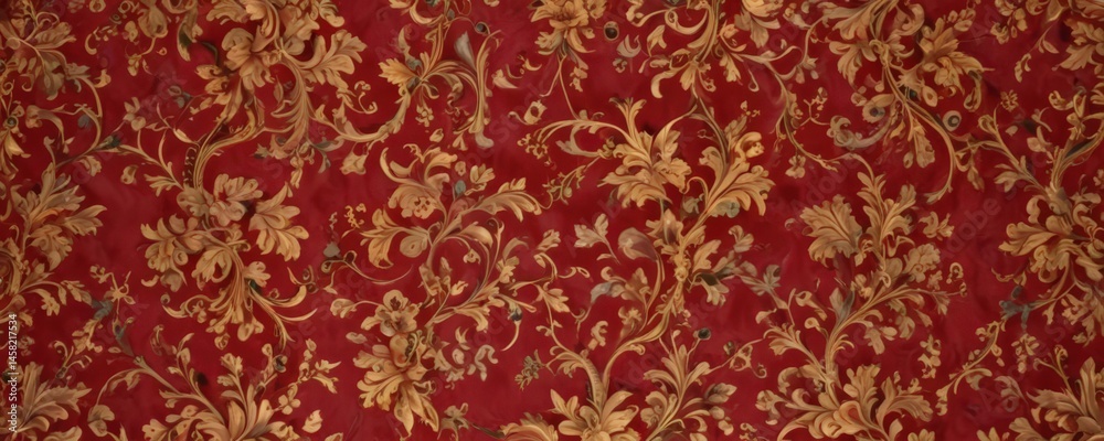 Deep crimson & gold damask; swirling vines, ornate leaves , texture, floral