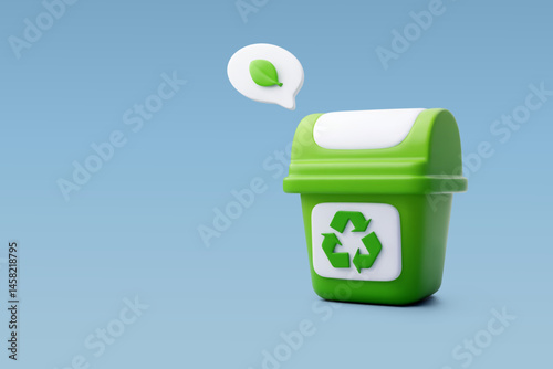 3d Vector Green Trash bin or basket with speech and leaf , Recycle waste and global warming concept.