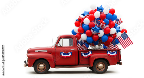 Red Truck with Patriotic Balloons 4th of July Celebration Image Cut Out Transparent Png
