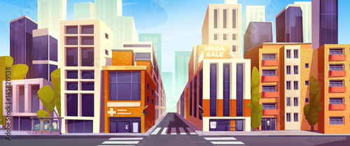 City crossroad vector illustration - diverse architecture buildings, skyscrapers facades along street. Modern urban cityscape with road, crosswalk and sidewalks. Downtown contemporary constructions.