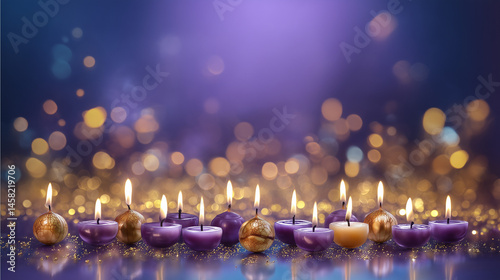 Background image with spinning dreidels, surrounded by the light of Hanukkah candles, with a purple to gold gradient around them.