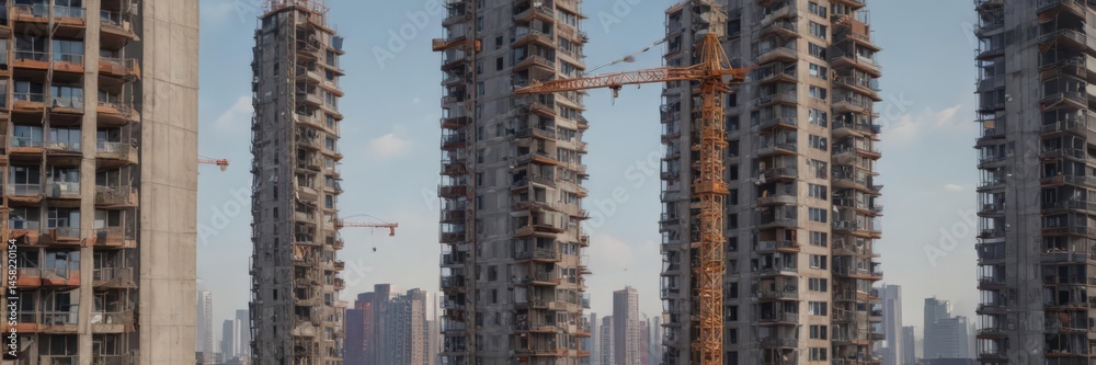 Fototapeta premium Modern high-rise apartment construction; cranes & equipment , progress, equipment