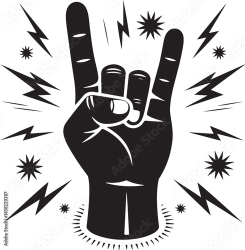 Rock on hand gesture vector silhouette illustration, raised fist with lightning bolts, rock and roll symbol, rebellious hand signal design, powerful gesture icon