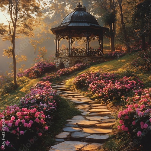 Serene garden escape for spring designs, weddings, or peaceful promotions. Winding path, vibrant azaleas, gazebo, golden light. Ideal for invitations or nature themes.