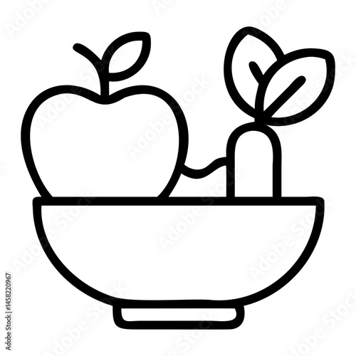 Bowl of healthy food vector illustration: apple and radish for diet, nutrition and wellness concept isolated on transparent background