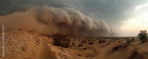 Panorama sand storm above dry dune with huge dust cloud concept. A dramatic dust storm looms over an arid landscape at sunset.