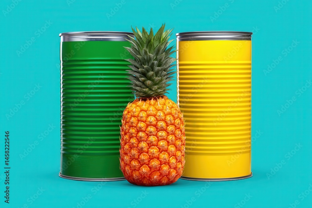 Fototapeta premium Bright and vibrant pineapple surrounded by colorful green and yellow cans against a playful aqua backdrop showcasing fresh produce and bold colors in artistic food composition