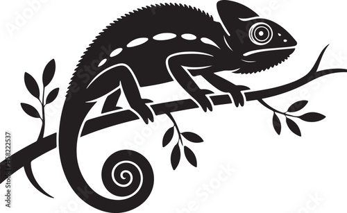 Chameleon sitting on branch, chameleon silhouette, lizard vector design, colorful reptile, tropical animal illustration, nature wildlife, exotic creature icon, chameleon branch art