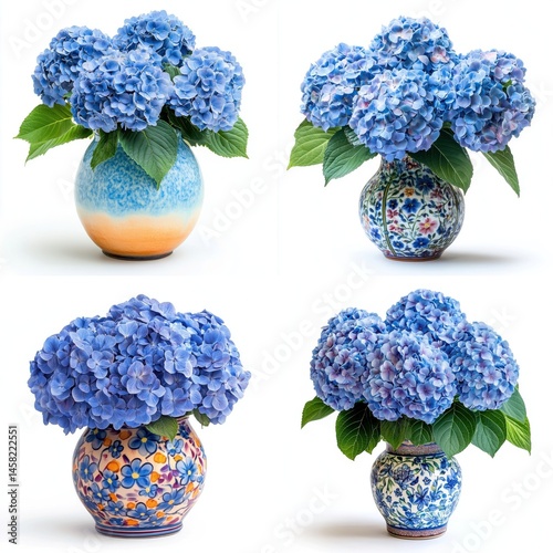 A bunch of blue hydrangeas in a colorful vase, isolate on white background. Set Collection.