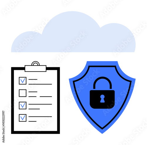 Cloud hovering above clipboard checklist and shield with lock. Ideal for technology, safety, cybersecurity, privacy, compliance, trust, simple landing page