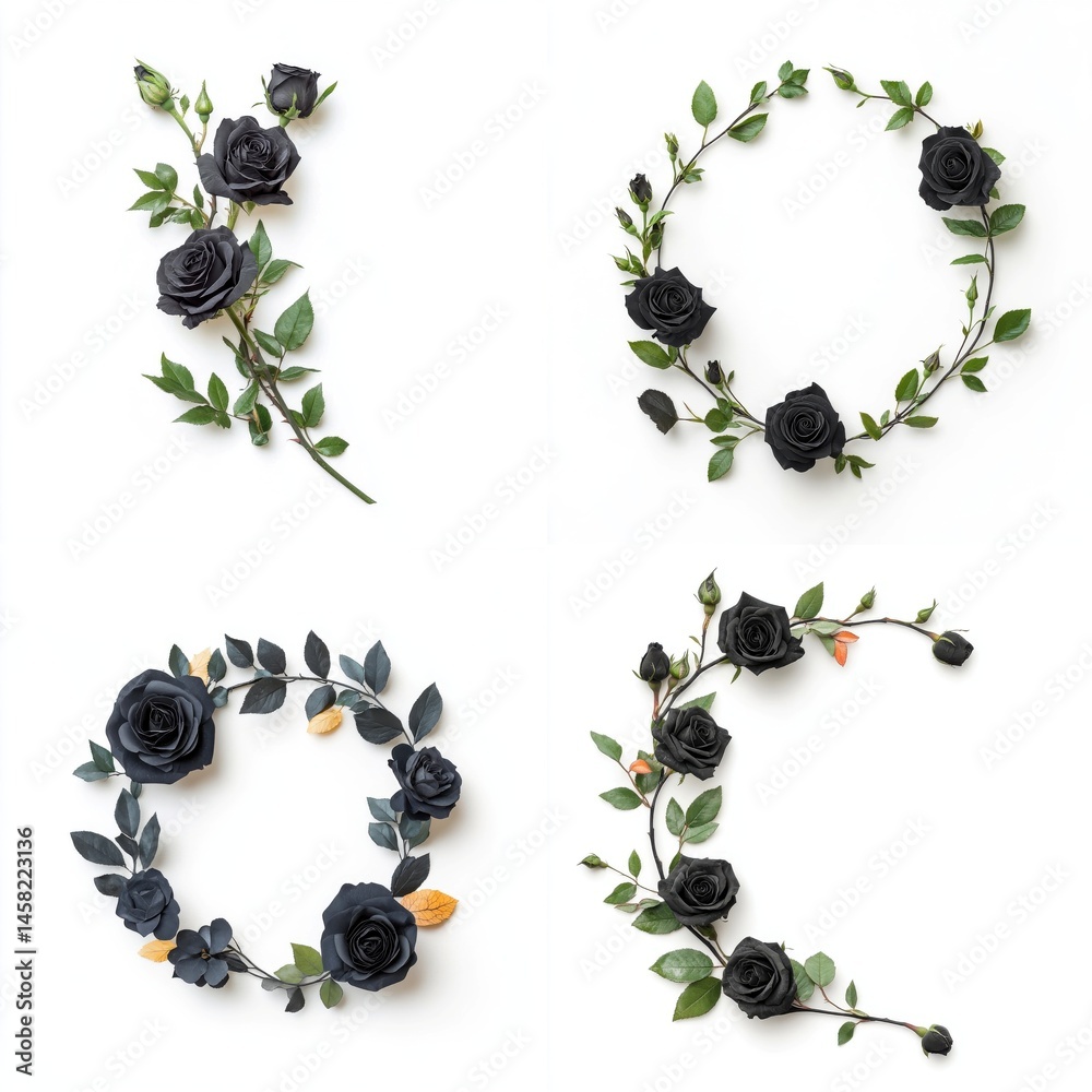 Black roses forming a decorative frame, isolate on white background. Collection.