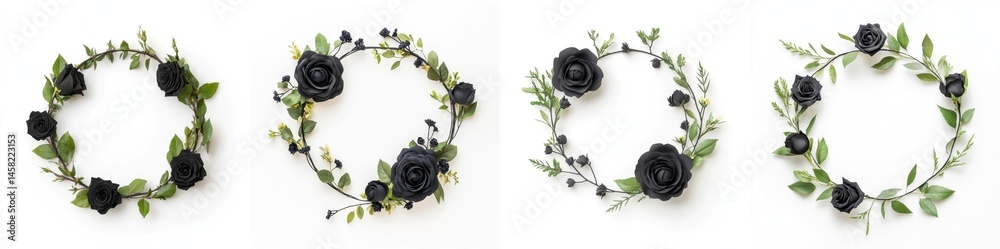 Black roses arranged in a wreath frame, isolate on white background. Collection.