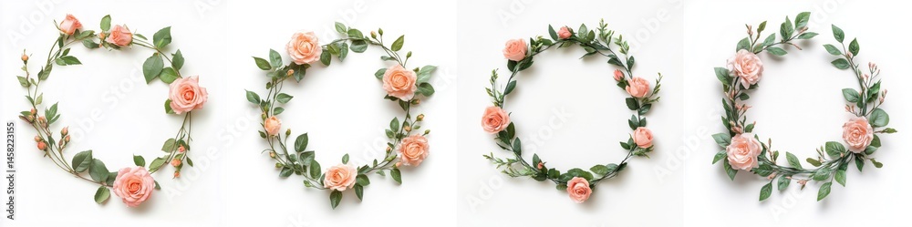 Pink roses arranged in a wreath frame, isolate on white background. Collection.