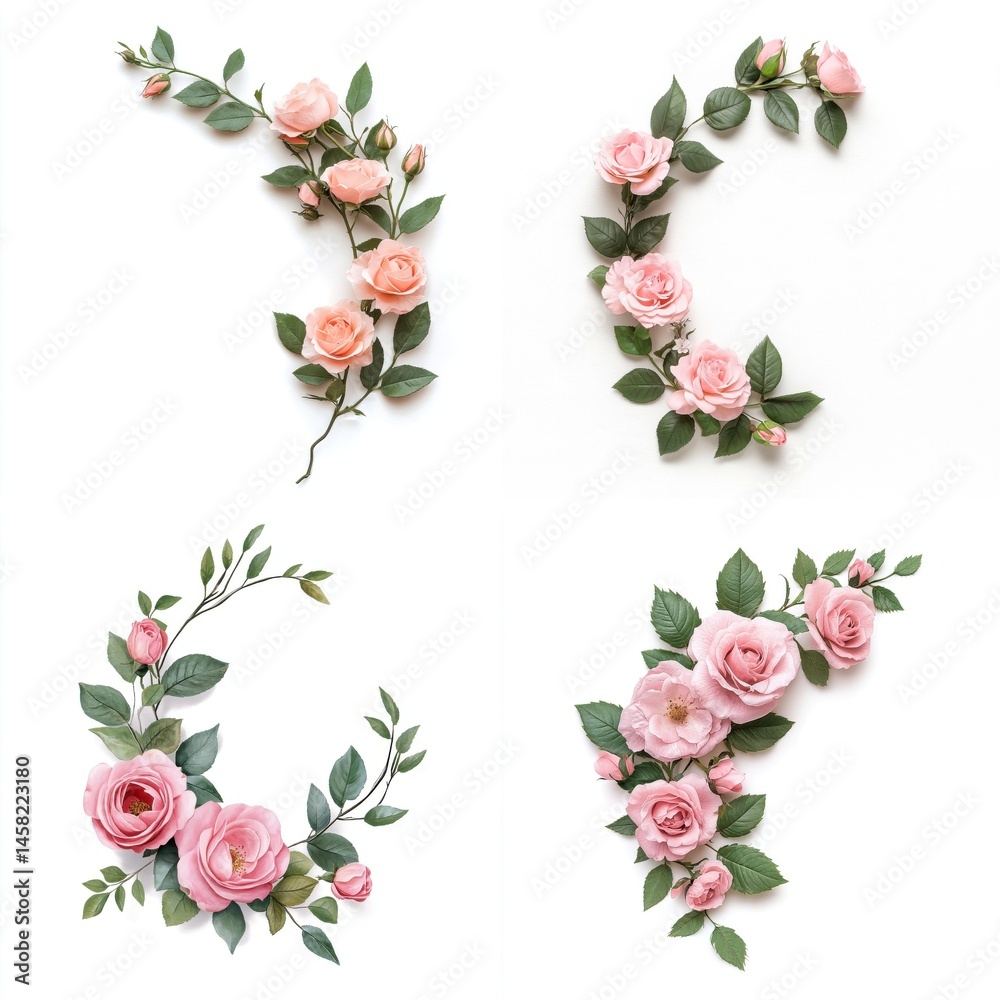 Pink roses forming a decorative frame, isolate on white background. Collection.