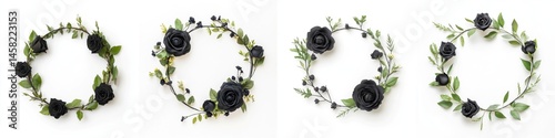 Obraz na płótnie Black roses arranged in a wreath frame, isolate on white background. Collection. w salonie