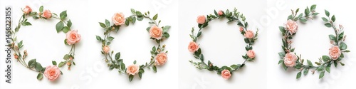 Obraz na płótnie Pink roses arranged in a wreath frame, isolate on white background. Collection. w salonie