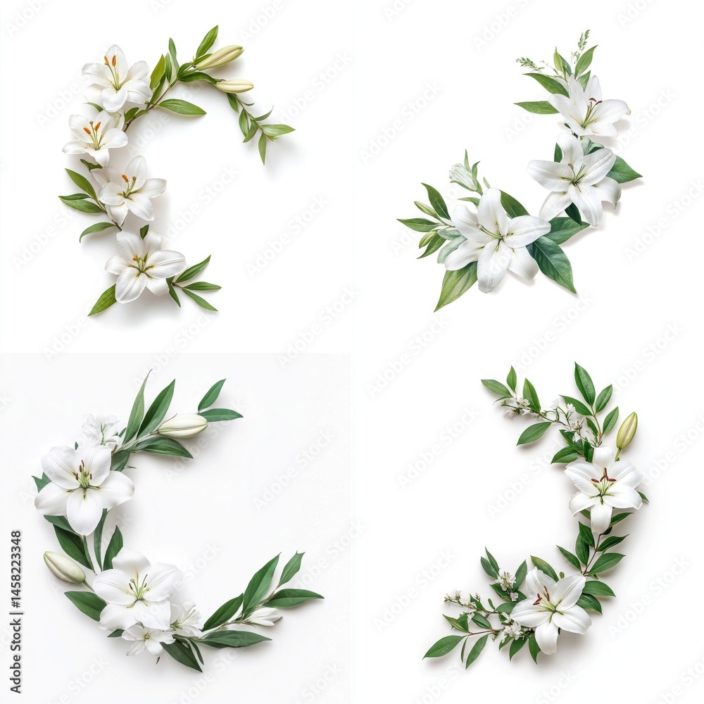 White lilies forming a decorative frame, isolate on white background. Collection.